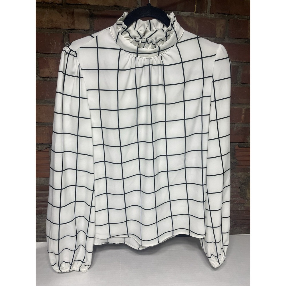 Ruffle Neck Blouse Black And White‎ Checkered Size m